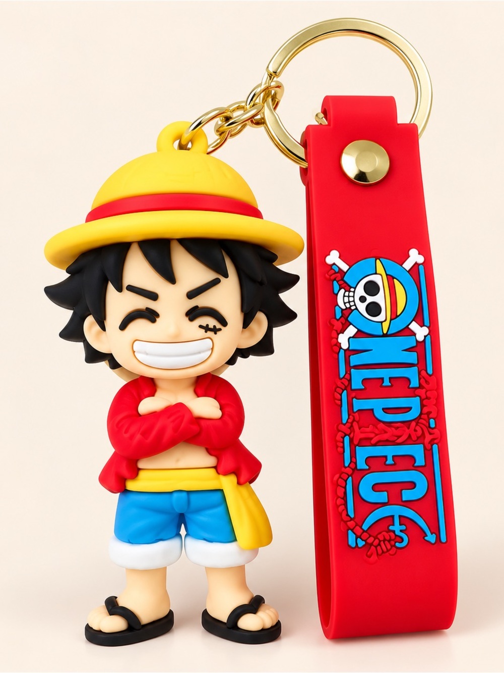 Rubber Character Keychain with Red Logo Strap - Yellow Hat, Blue Shorts